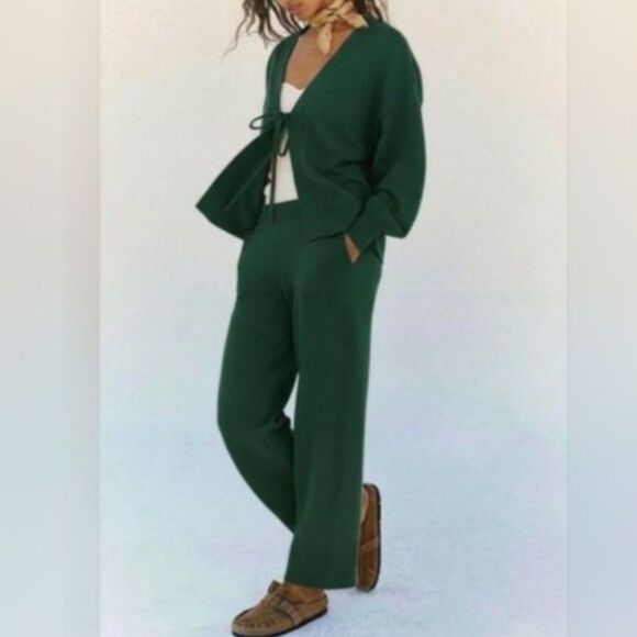 NWT Free People Size S Emerald Knit Set Tie-Front Cardigan Wide-Leg Lounge Boho - Picture 1 of 8